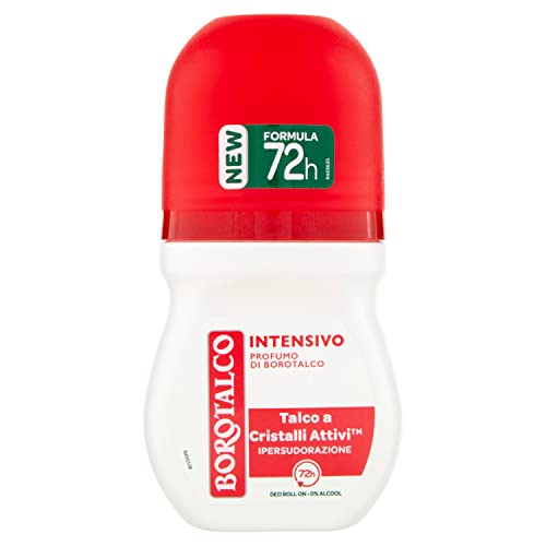 Borotalco, Deo Roll-On Intensiv, Formel ohne Alkohol und mit Talkum mit aktiven Kristallen, Hyperschwitzen, Puderduft, 72h Wirksamkeit - 1 Flasche mit 50 ml