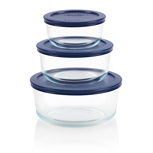 Pyrex Simply Store Glas-Frischhaltedosen-Set mit Deckel, 7 Tassen, 4 Tassen und 2 Tassen, runde Glasbehälter mit Deckel, BPA-freier Deckel, spülmaschinen-, mikrowellen- und gefriergeeignet, blau,