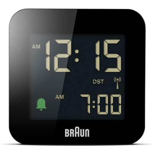 Braun Digitaler, ferngesteuerter Reisewecker für die mitteleuropäische Zeitzone (DCF) mit Snooze-Funktion, kompakte Größe, schnelle Einstellung, Alarmton in Crescendo, schwarz, BC08B-DCF