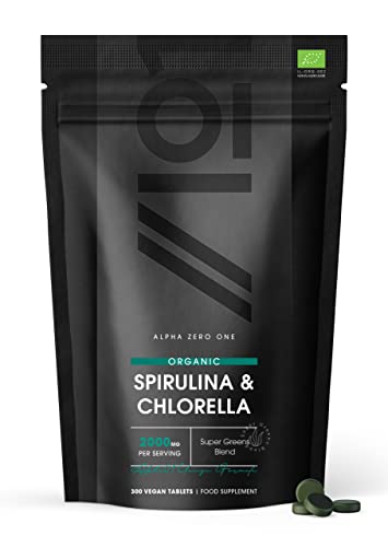 Organic Spirulina & Chlorella 2000mg | 300 Vegan Tablets | Broken Cell Wall | Pure Formula Supplement | Non GMO, Gluten Free, Halal by Alpha01