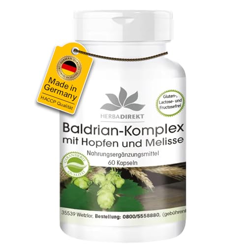 Baldrian-Extrakt Plus mit Hopfen und Melisse - 60 Kapseln - vegan | HERBADIREKT by Warnke Vitalstoffe - Deutsche Apothekenqualität