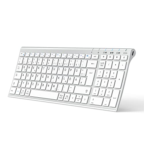 iClever Kabellos Tastatur, BK10 Bluetooth Tastatur Mac mit 3 Bluetooth Kanälen, Ultraslim wiederaufladbare QWERTZ Deutsche Keyboard, Funk Tastatur für iOS, Android, Windows, Weiß