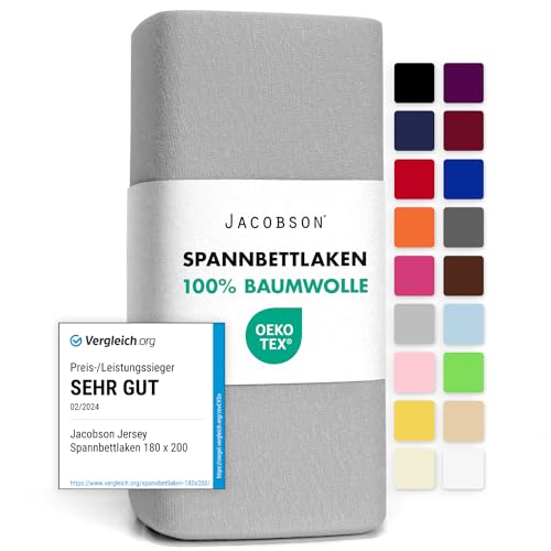 Jacobson Jersey Spannbettlaken Spannbetttuch Baumwolle Bettlaken (90x200-100x200 cm, Grau)
