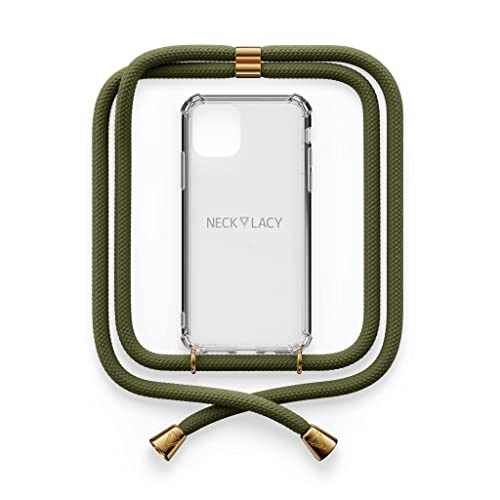 NECKLACY® - Die Premium Handykette für Apple iPhone 11 Pro Max in Dark Olive | transparente Handyhülle mit hochwertiger Kordel zum Umhängen - Smartphone Crossbody Case
