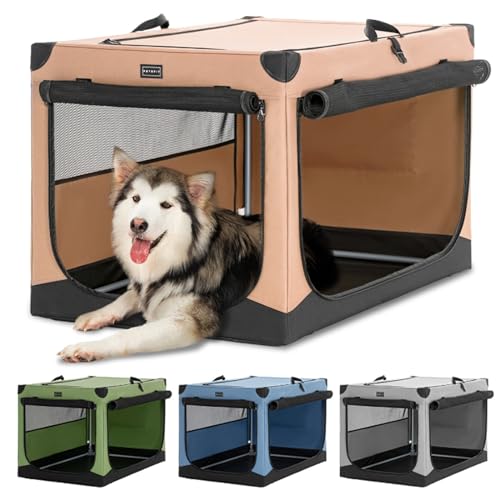 Petsfit Hundebox faltbar große Hunde Hundetransportbox Auto Transportbox Hund aus Stoff mit integriertem Aluminium Rahmen, Einstellbare Stoffbezug durch Spiralschlauch, Verstärkung Nähen,XL,Khaki