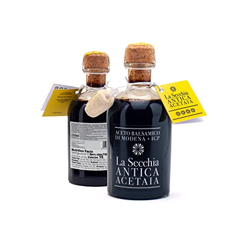 La Secchia - Balsamico-Essig aus Modena IGP 'Vier Sterne', Gereift in16 Wacholderfässern, Mittlere Dichte, 250 ml Flasche mit Kork-Dosierverschluss, Traditionale Balsamic Vinegar g.g.A.