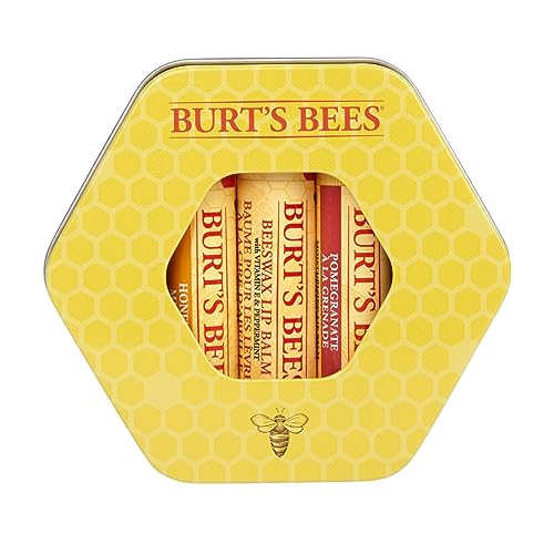 Burt's Bees Trio Tin Geschenkset, 1 x 100% natürlicher Bienenwachs Lippenbalsam, mit Vitamin E und Pfefferminz (4,25 g), 1 x Honig Lippenbalsam (4,25 g) und 1 x Granatapfel Lippenbalsam (4,25 g)