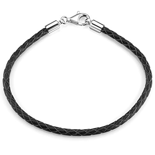 MATERIA Damen Herren Beads Armband Leder 3mm schwarz 925 Silber Lederarmband 17-22cm A58, Länge:20 cm