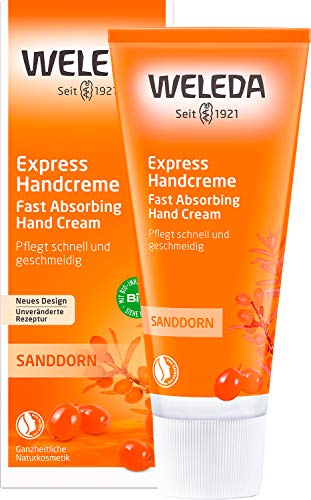 WELEDA Bio Express Handcreme Sanddorn - Naturkosmetik Handpflege Creme für trockene Hände. Nachhaltige Feuchtigkeitscreme für Frauen & Männer mit Grapefruit, Mandarine & Sandelholz Duft (1x 50ml)