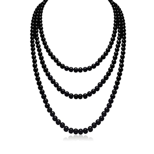 Tomedeks 1 Stück Perlenkette 150 Cm, Perlenkette Damen, Perlenkette Lang,1920S Gatsby Kostüm Accessoires Lange Perle Halskette,Dame Schwarze Perlenkette Elegante Künstliche Perlen-Halsketten(Schwarz)