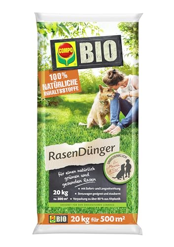 COMPO BIO Rasendünger, Naturdünger für Rasen, Natürliche Sofort- und Langzeitwirkung, Feingranulat, 20 kg, 500 m²