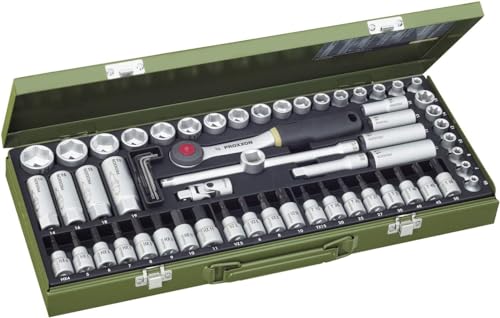 Proxxon 23112 Super-Kompaktsatz Satz Steckschlüssel mit 10mm (3/8') Umschaltratsche 65teiliges Werkzeug-Set im Stahlkasten