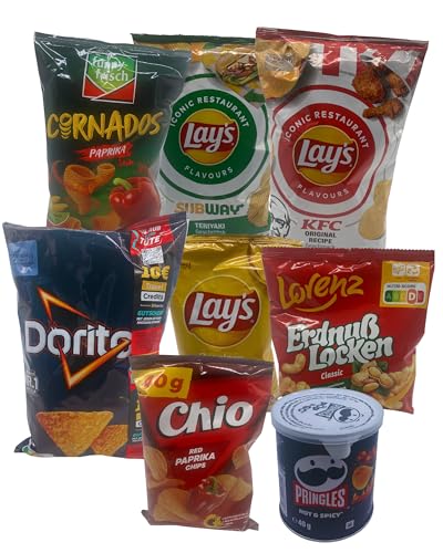 Chips Box mit 8 verschiedenen Sorten,950 g, Mystery Box,Snackbox, kartoffelchips, Knabberartikel, Naschbox, xxl,Chips grosspackung, Lays chips,Pringles mini,Dorito und mehrere Snacks.