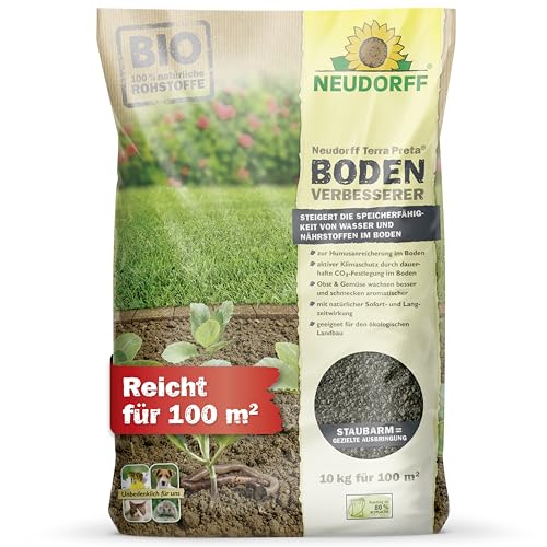 Neudorff Terra Preta BodenVerbesserer – Bio-Dünger mit Bio-Pflanzkohle zur nachhaltigen Bodenverbesserung aller Böden und Kulturen, 10 kg für 100 m²