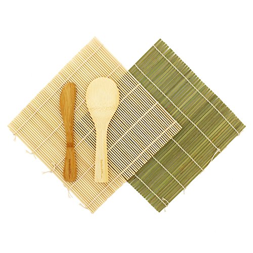 BambooMN Sushi-Making Kit – 2 x natürliche Sushi-Rollmatten, 1 x Reispaddel, 1 x Streuer, 1 x Essstäbchen, 1 x Sushi-Saucenschale und 1 x Göffel – Deluxe-Sushi-Set