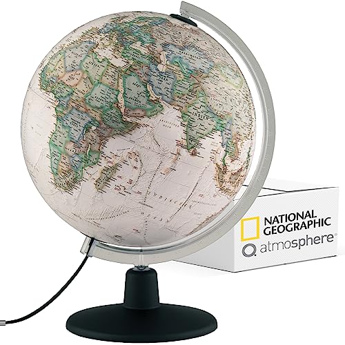 Q atmosphere® National Geographic NATGEO Executive Antik-Globus - 30 cm Globus mit politisch-physischer Kartografie in deutscher Sprache, beleuchtet und mit drehbaren Kunststofffuß