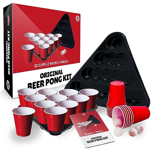 Offizielles Beer Pong Set® | Gesamtpaket Beer Pong Officiel | Premium Qualität | 22 Red Cups | 2 Racks | 4 Bälle | Offizielle Regeln | Trinkspiel | Partyspiel | 100% Spaß