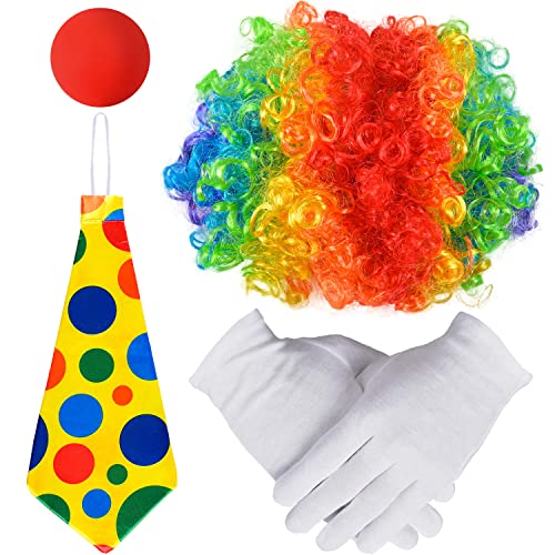 iZoeL Clown Kostüm Accessoire, Clown Lockenperücke + Clownsnase + Bunte Krawatte + Handschuhe, Fasching Karneval Kostüme für Kinder Damen Herren