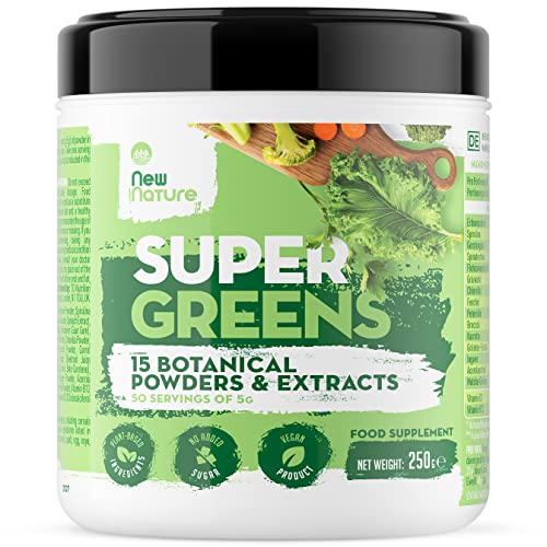 New Nature Super Greens Pulver 250g - Natürliches Superfood Smoothiepulver aus 15 Superfoods, Zuckerfrei, Vegan, 50 Portionen - Gesundheit & Vitalität für den Alltag