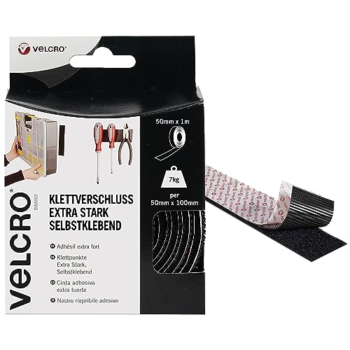 VELCRO Marke | Klettband Selbstklebend | Zuschneidbares industrielles extra starkes doppelseitiges selbstklebendes Klettband mit Klettverschluss | Schwarz | 50 mm x 1 m