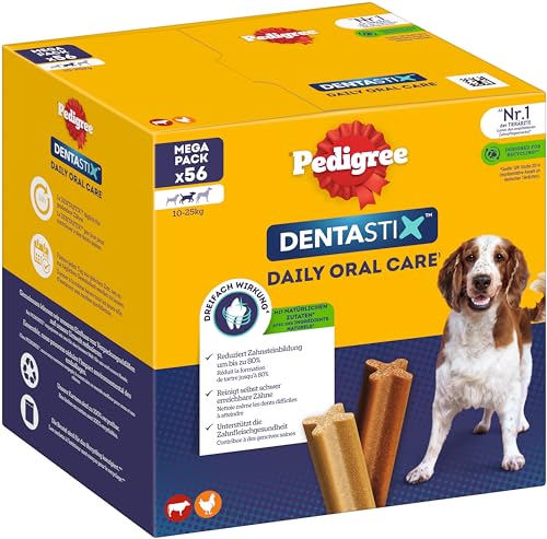 Pedigree DentaStix Daily Oral Care Zahnpflegesnack für mittelgroße Hunde – Hundeleckerli mit Huhn- & Rindgeschmack für jeden Tag – 1 x 56 Stück