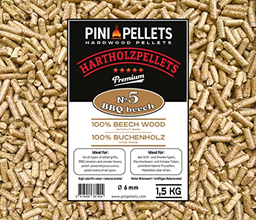 PINI Hartholzpellets 100% Buche № 5 BBQ Beech 1,5 Kg Grillpellets zum Grillen Räuchern Smoken und für Pizzaofen